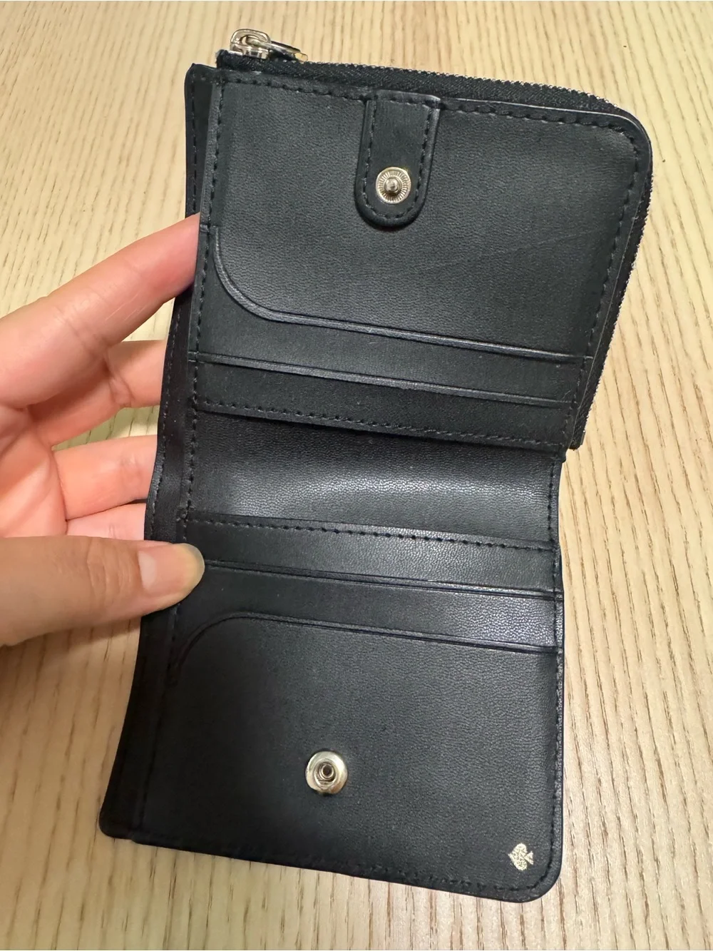 kate spade Black Pebbled Leather Zip Coin Wallet with Gold Logo